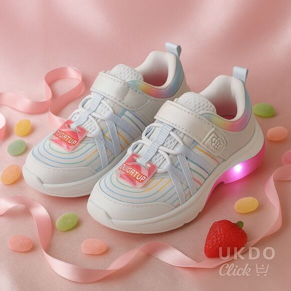 Girls’ Light-Up Rainbow Sneakers witHook & Loop Strap Comfort Sole & Pastel Glow - Picture 1 of 10